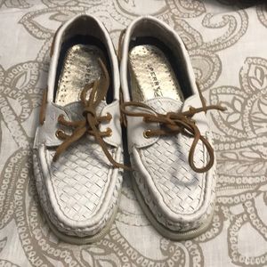 White leather woven Sperry boat shoes